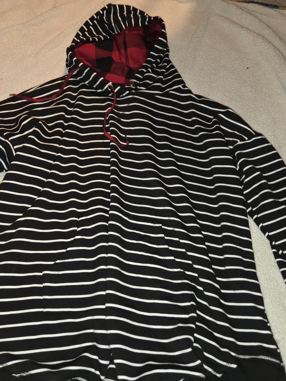 Maurices Black & White Striped Hoodie with Red Plaid Lining